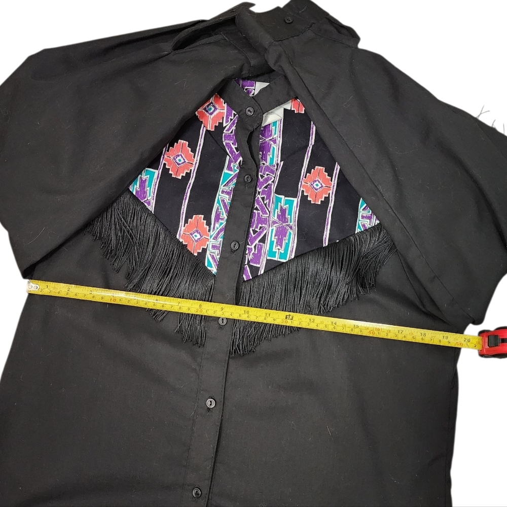 VINTAGE 80s Fringe Button Down Shirt Western Aztec Rodeo Cowboy Cutout - Picture 4 of 10